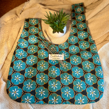 Japanische Knotentasche | Baumwolle | Retroblüte Petrol