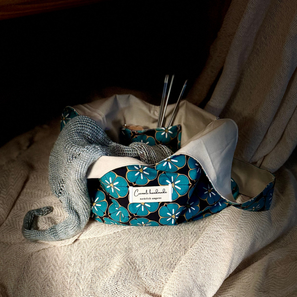 Japanische Knotentasche | Baumwolle |  Retroblüte Petrol | Innenansicht
